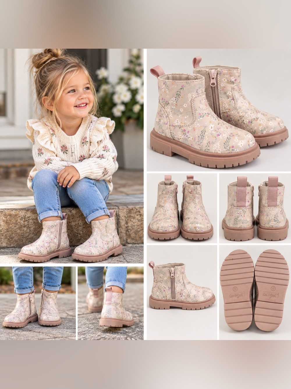 Cat & Jack Girls Size 9 Pink Floral Ankle Boots Side Zip Lug Sole